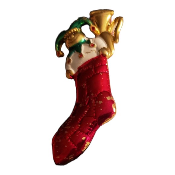 Vintage Christmas Stocking Brooch Red Enamel Goldtone - Picture 1 of 3